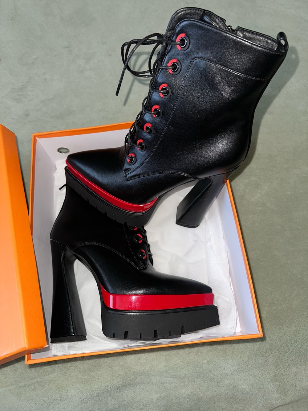 Red Black Women’s 8 Platform Ankle Boots - Chunky Block High Heel, Pointed Toe - Picture 2 of 8